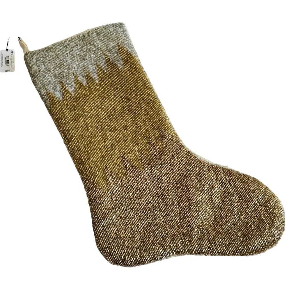 Pier 1 Imports Beaded Embellished Ornate Christmas Stocking Gold Silver Bronze 2